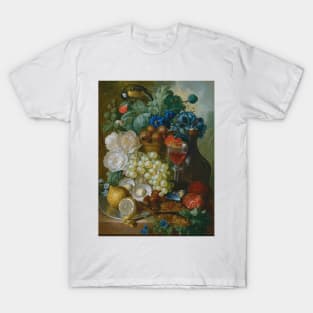 Still Life With Fruit And Flowers, Together With Oysters, Mussels, A Glass Of Wine, A Decanter And Other Objects On A Stone Ledge by Jan van Os T-Shirt